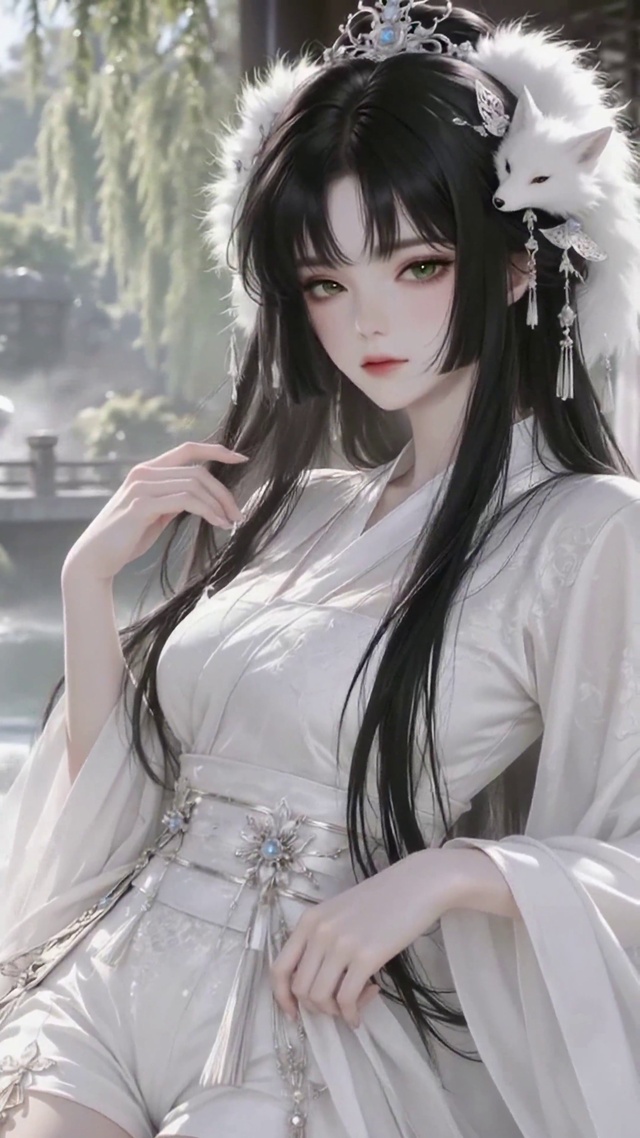 古风白狐少女园林凭栏