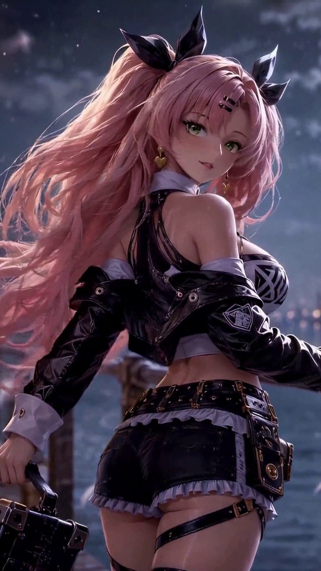 月夜海边粉发二次元美少女