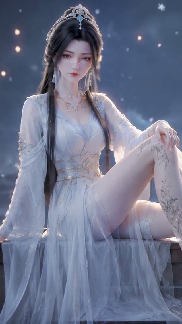 雪夜窗边古风白衣美女