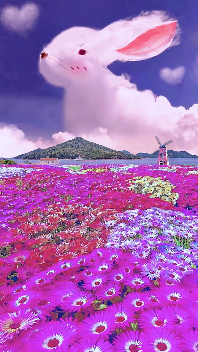 梦幻兔子云晚霞雏菊