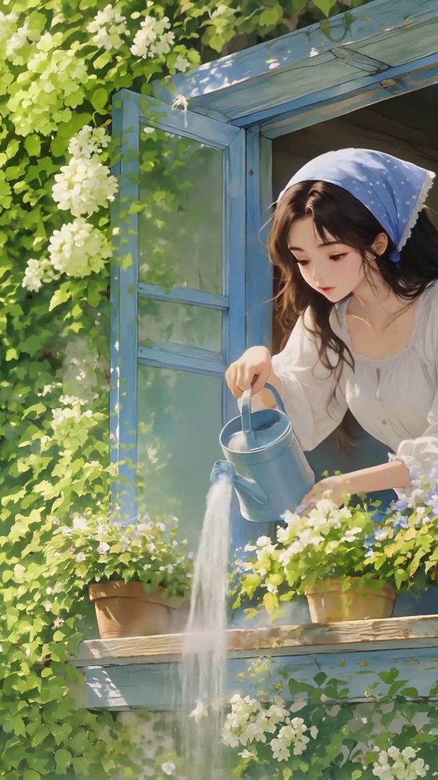 窗边浇花的夏日少女