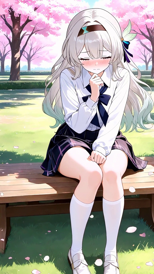 银发少女樱花树下等你