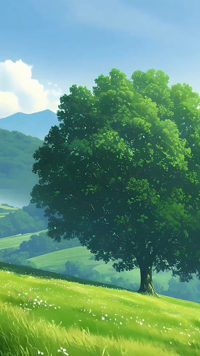 唯美治愈蓝天白云树木草地