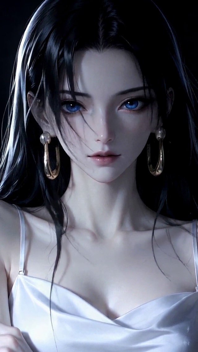 清冷蓝眼黑发白裙美少女