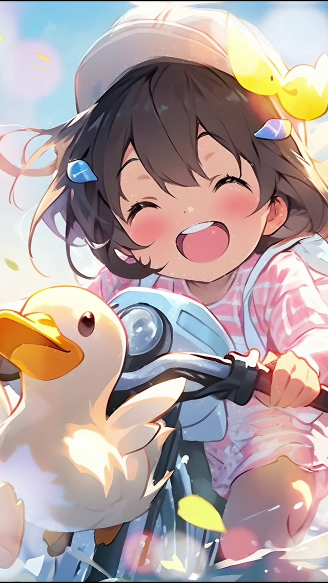 小鸭小女孩玩水
