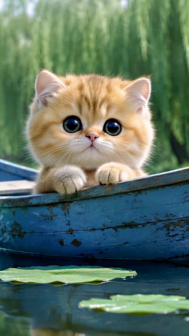 荷塘小船上的可爱橘猫