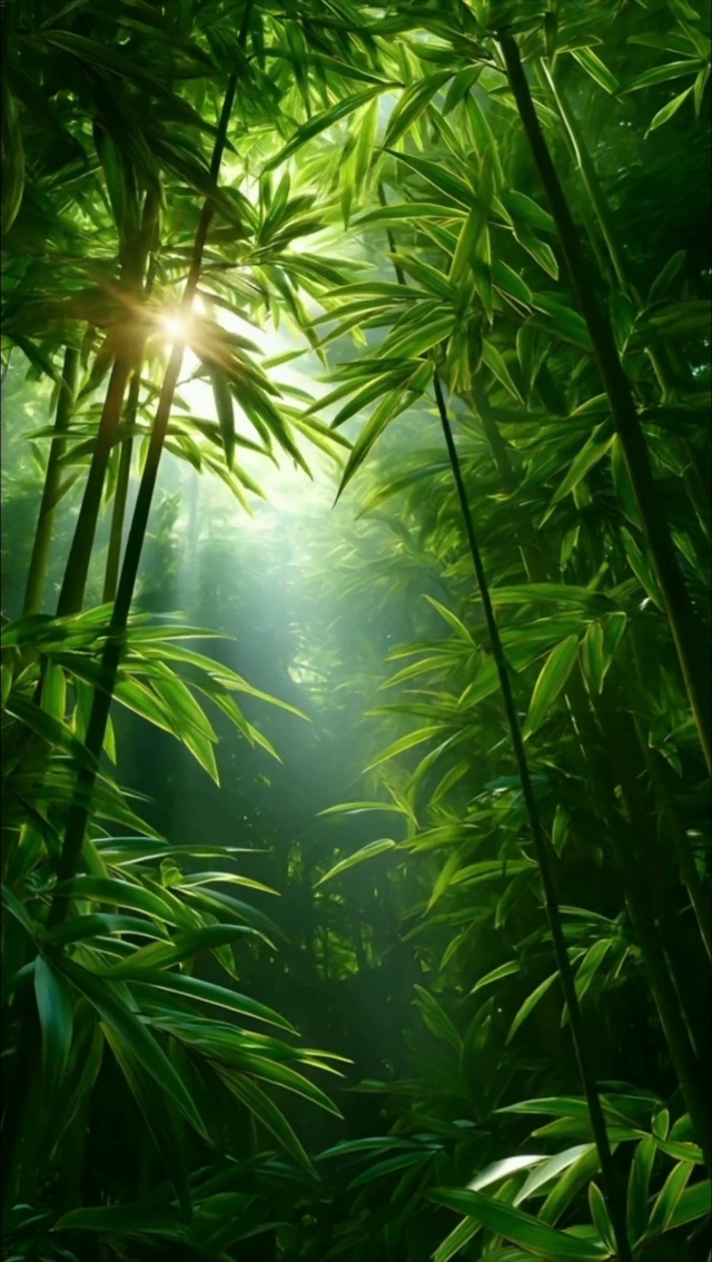 晨曦竹林，阳光穿透绿意的宁静之美