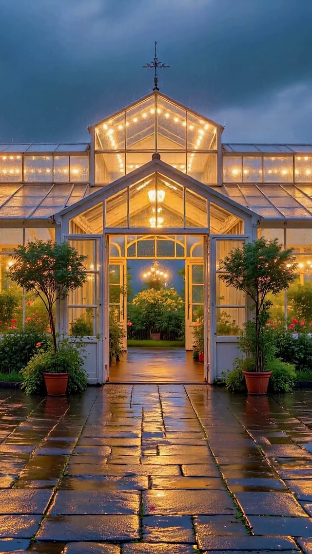 雨夜暖光花房风景
