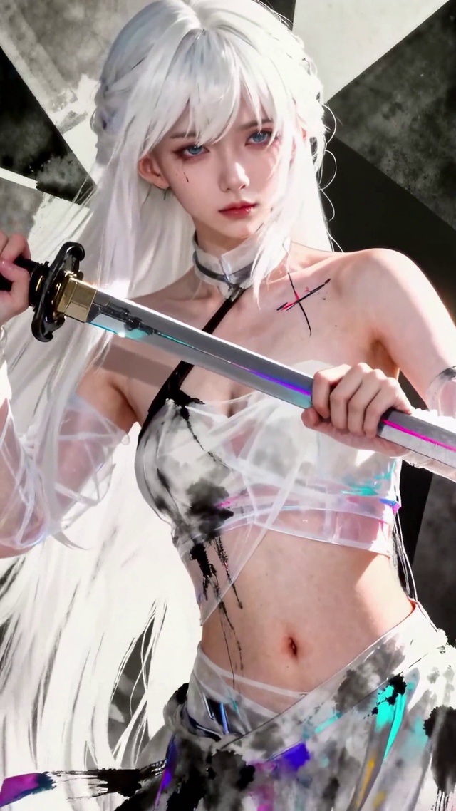 白发性感纯欲小蛮腰长剑水墨少女