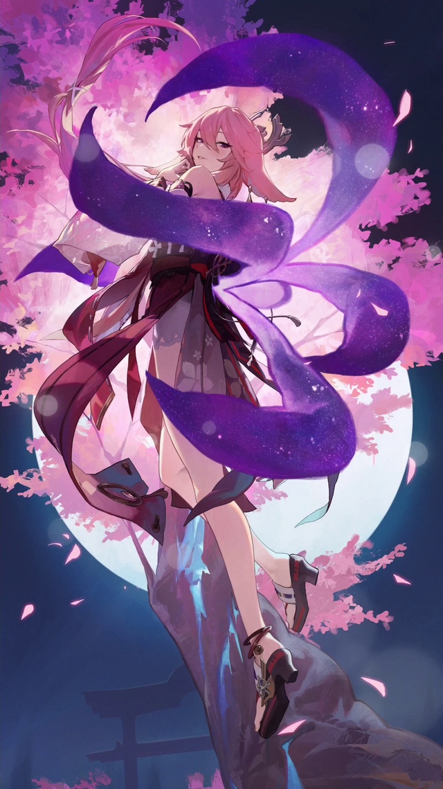 月下樱花小狐狸4k