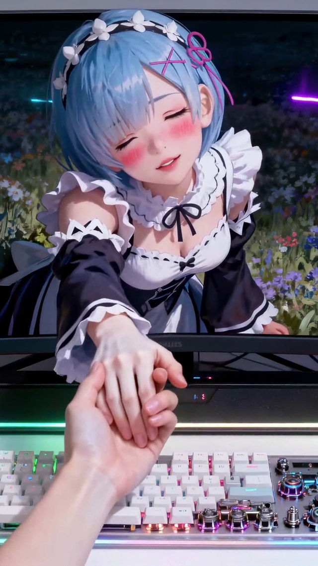 蓝发花海雷姆穿越屏幕与主人互动