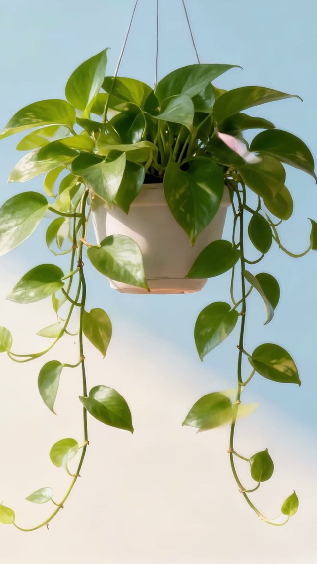 绿色护眼绿萝盆栽在阳光下摇摆