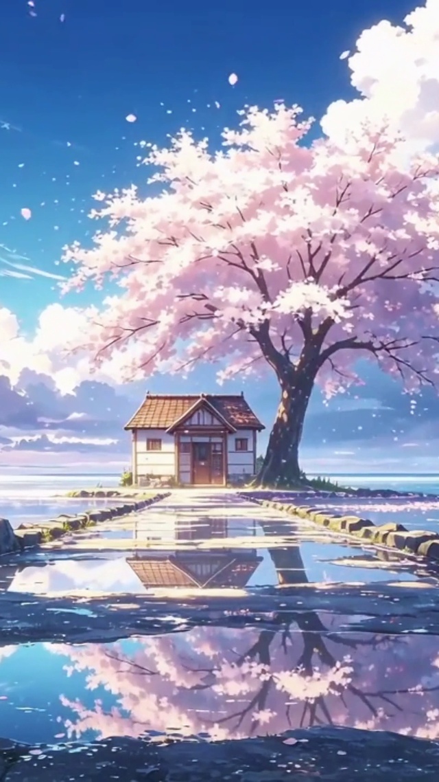 唯美海天一色樱花小屋