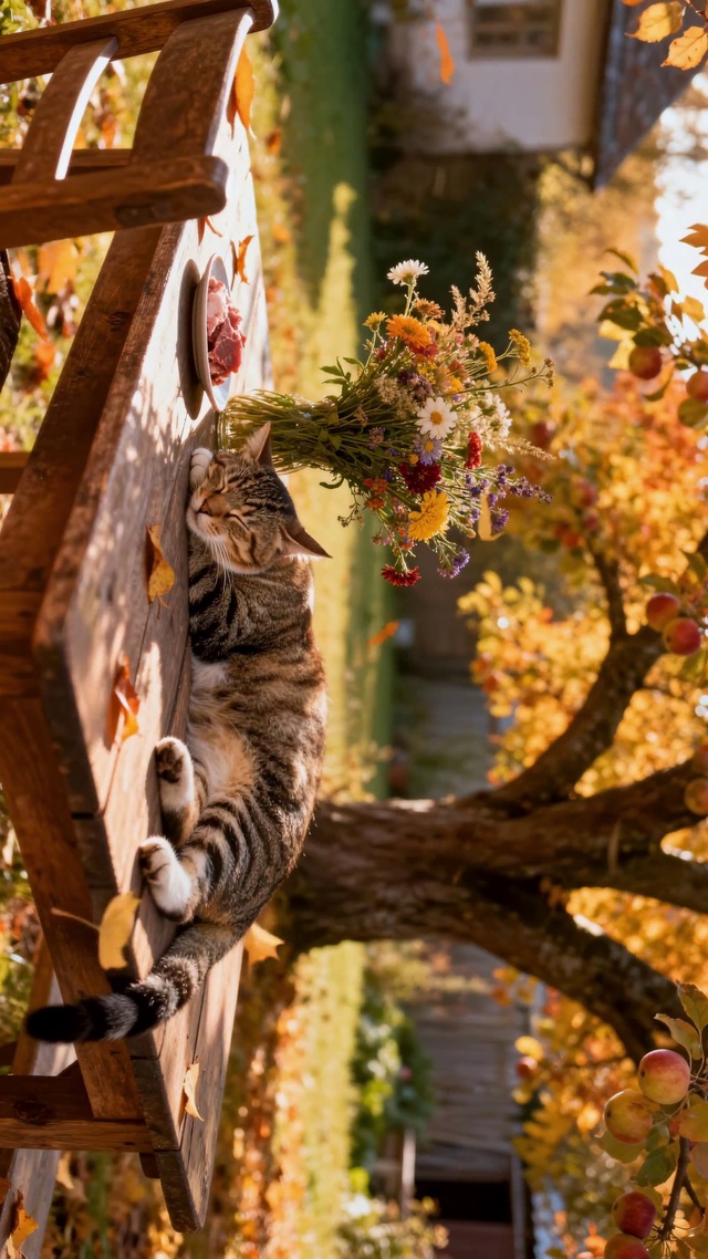 秋日苹果树下酣睡萌猫