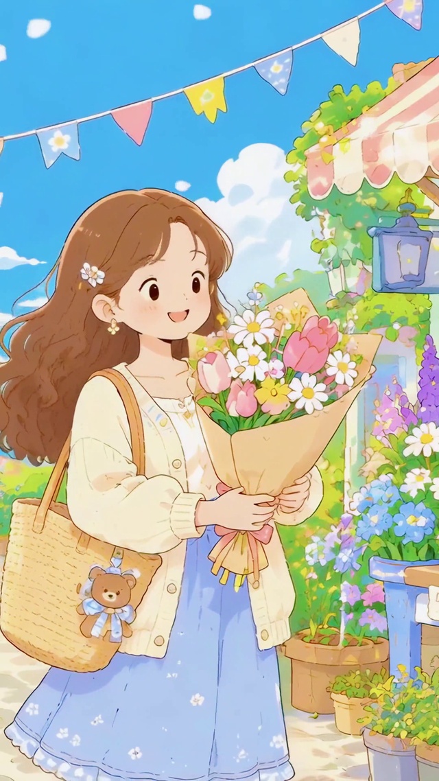 治愈街角花市捧花美少女