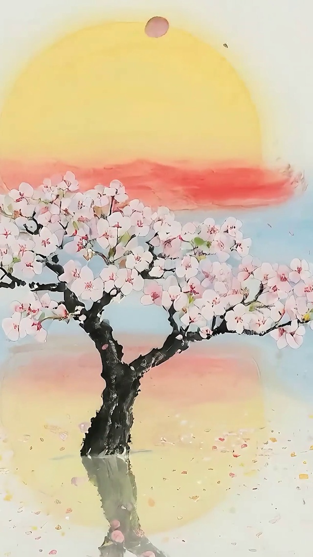 夕阳樱花树木