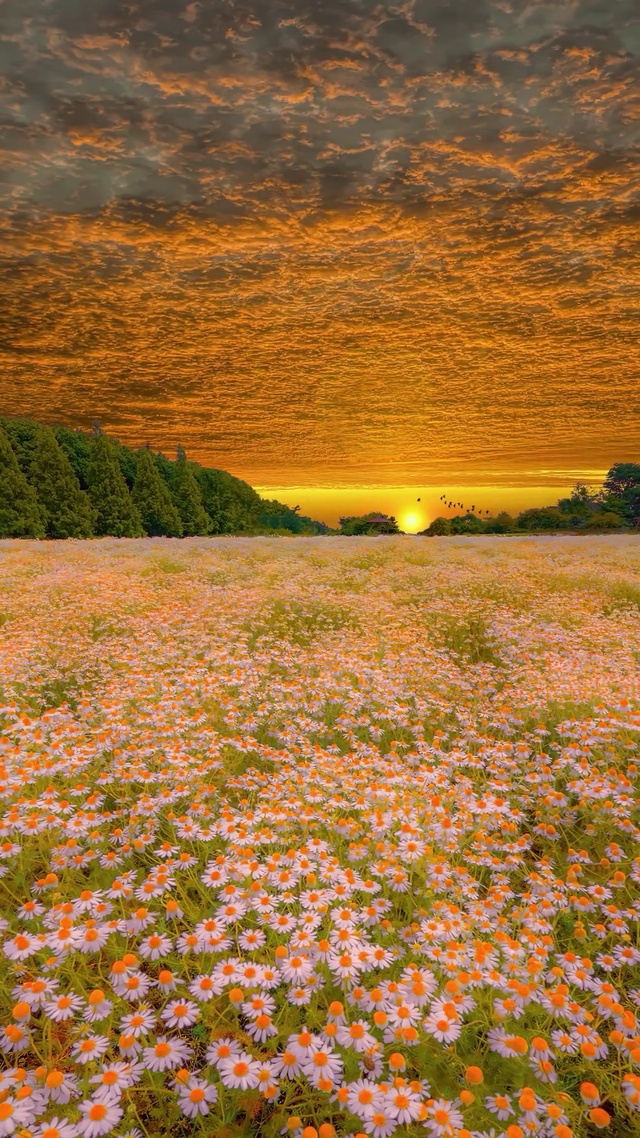 爆款航拍夕阳小雏菊花海