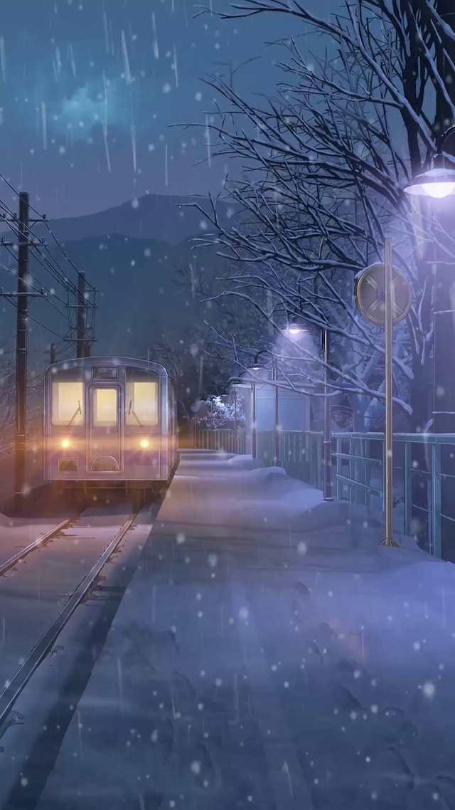 唯美治愈铁轨火车雪景