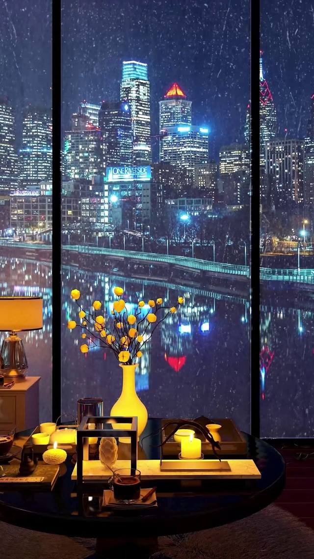 都市雨天夜景房间