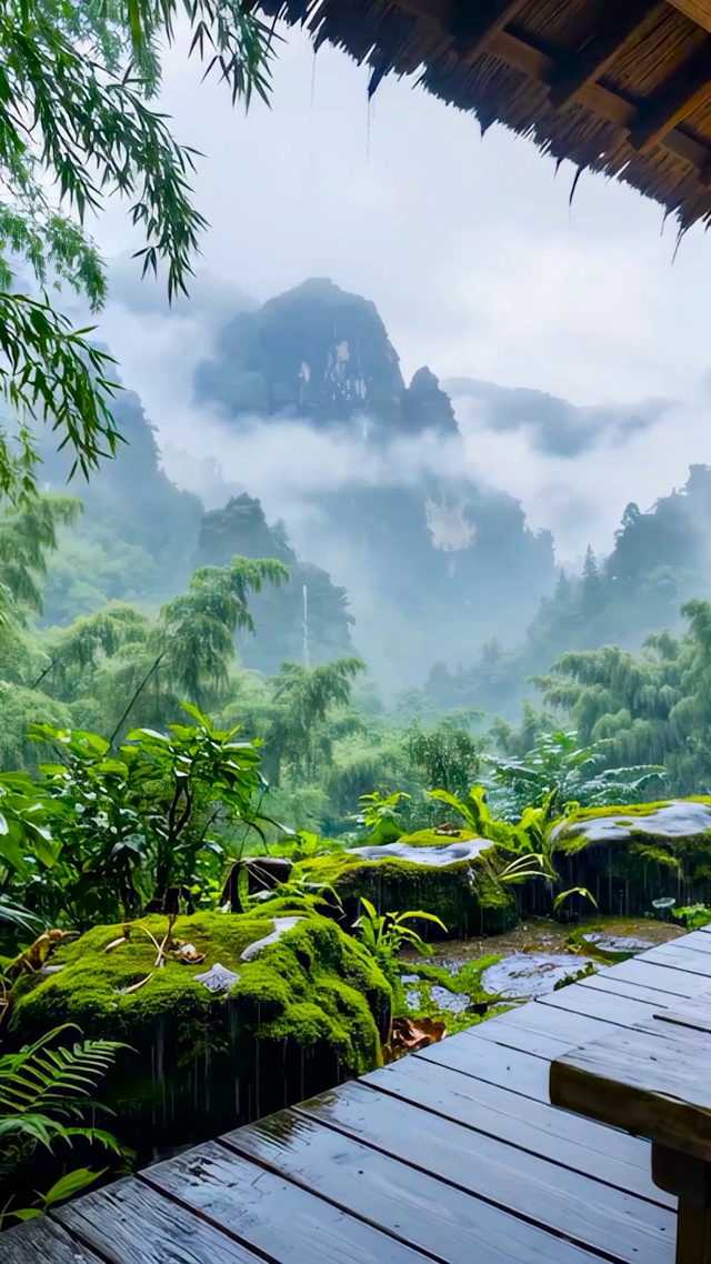 木屋雨天山水