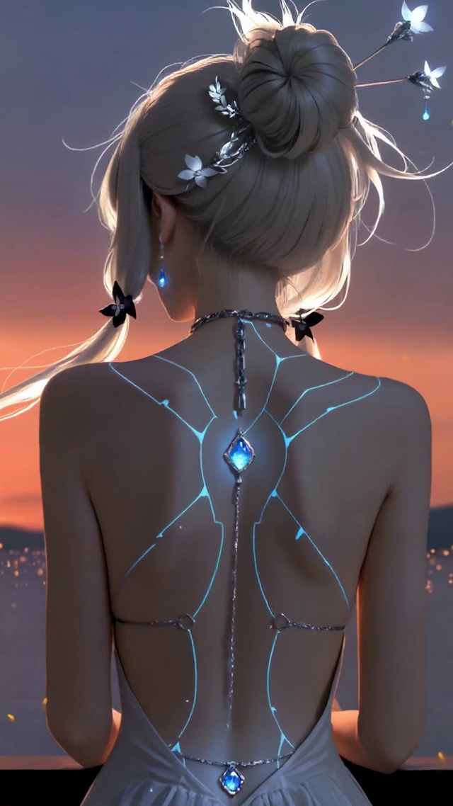 落日海边赛博美女背影