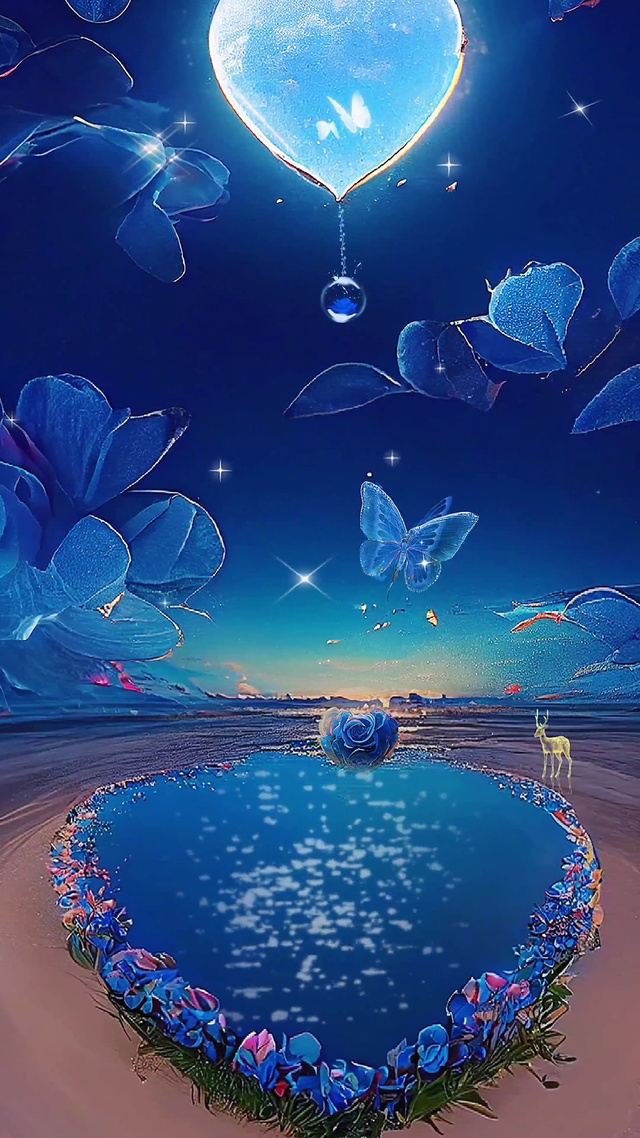 蓝色心形玫瑰沙滩