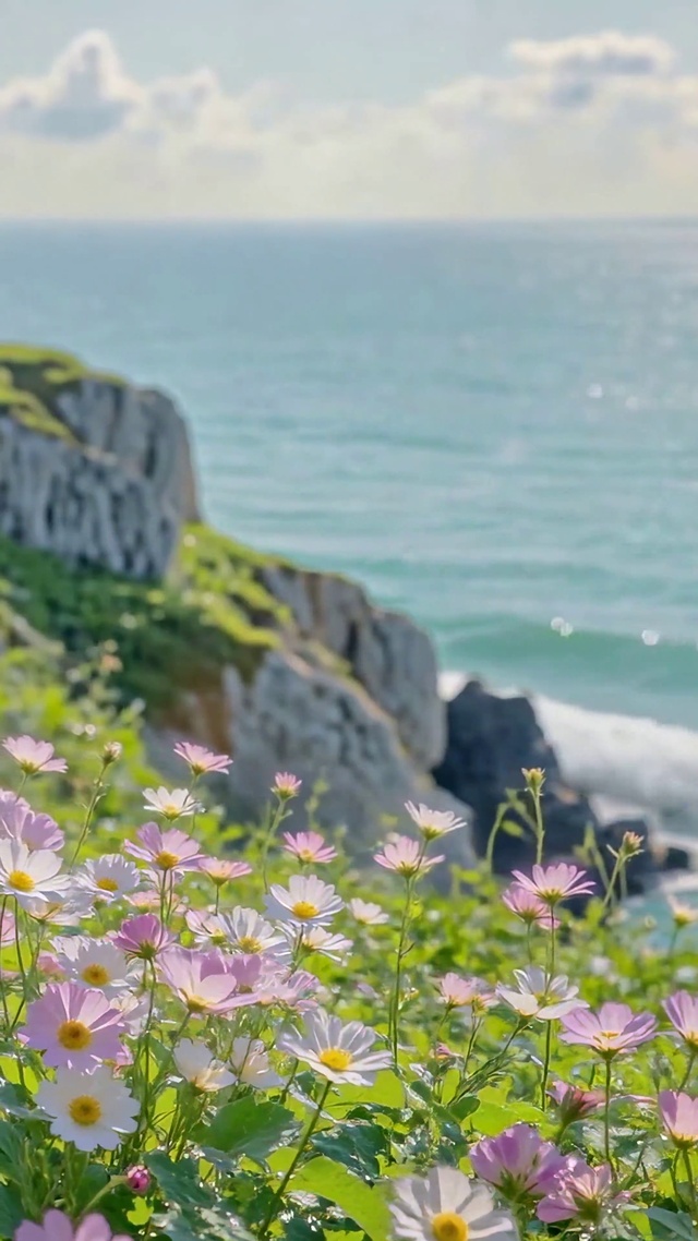 海岸悬崖花海唯美风景