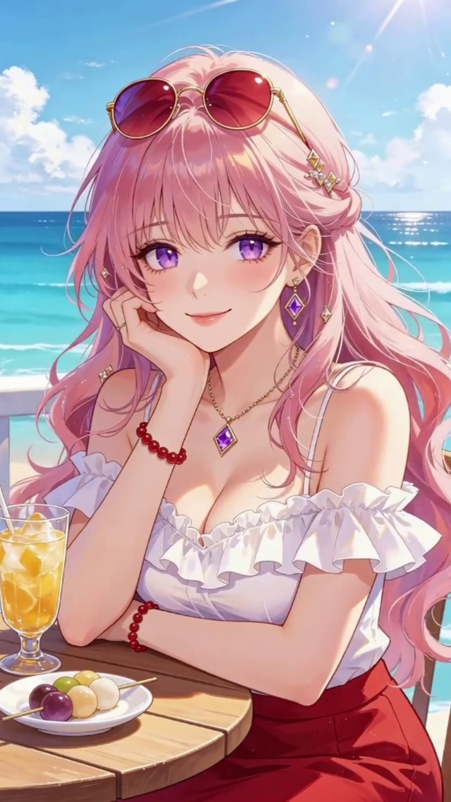 粉发海边女孩