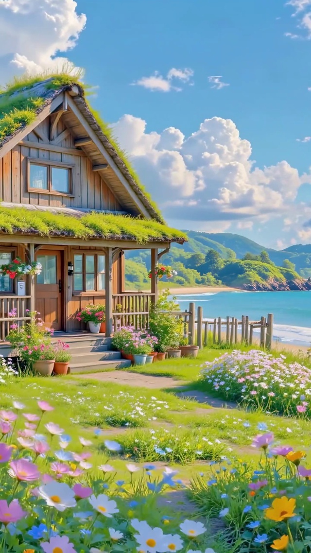 海边开满花的童话木屋