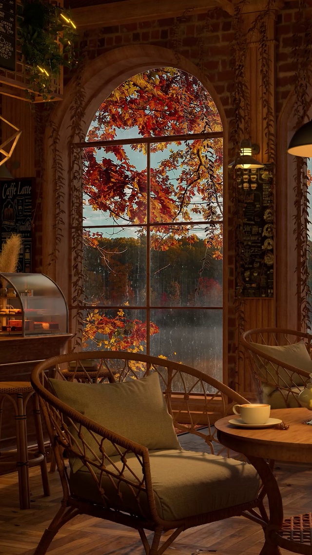 4K秋雨天舒适咖啡店