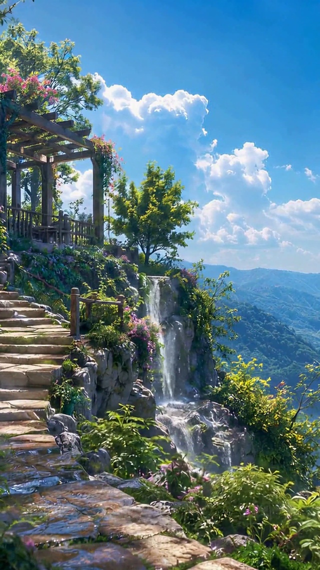 晴空山间瀑布唯美风景