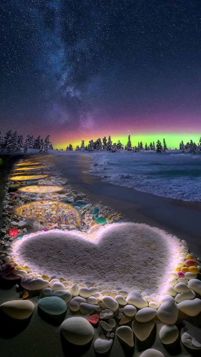 夜色里的爱心海滩