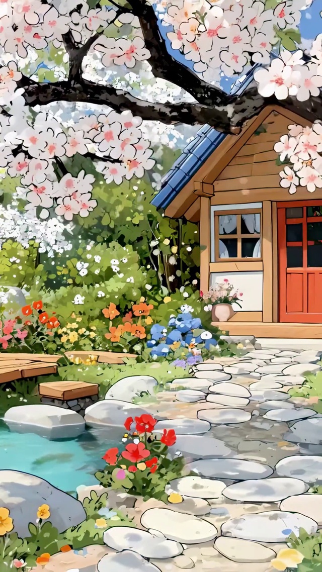 湖边樱花小屋