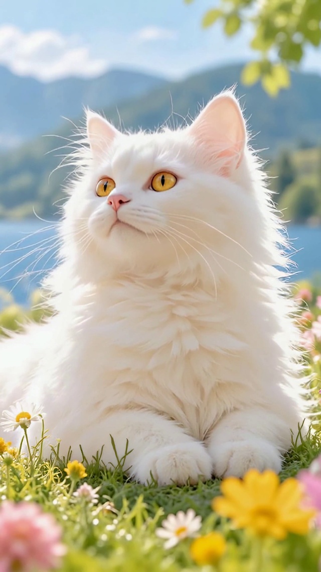 湖畔花丛中的纯白长毛猫