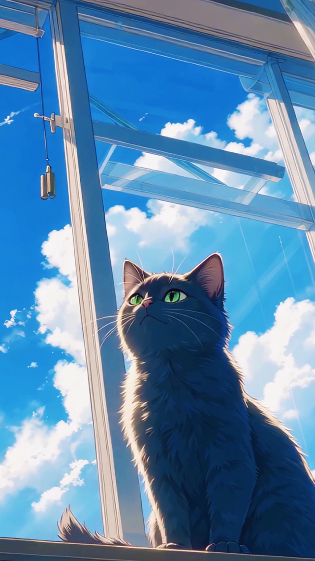 蓝天下窗边猫咪