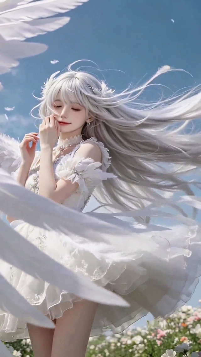 晴空花海白翼银发美少女