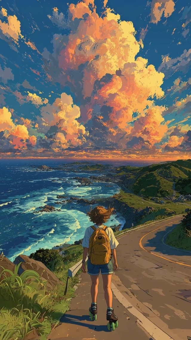 轮滑少女与落日海