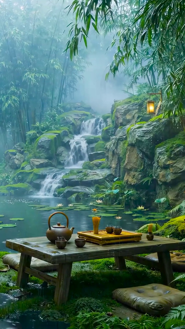 园林竹林雨景