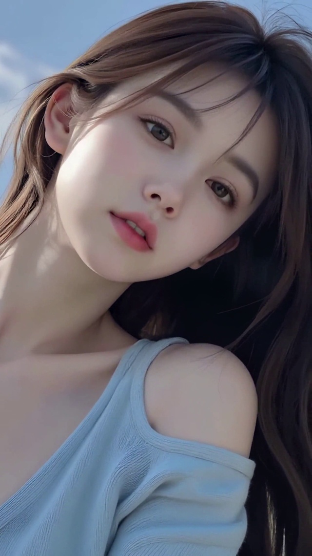 蓝天白云下的清纯长发美女