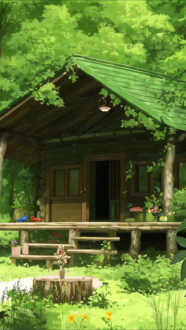 治愈绿色森林木屋花草