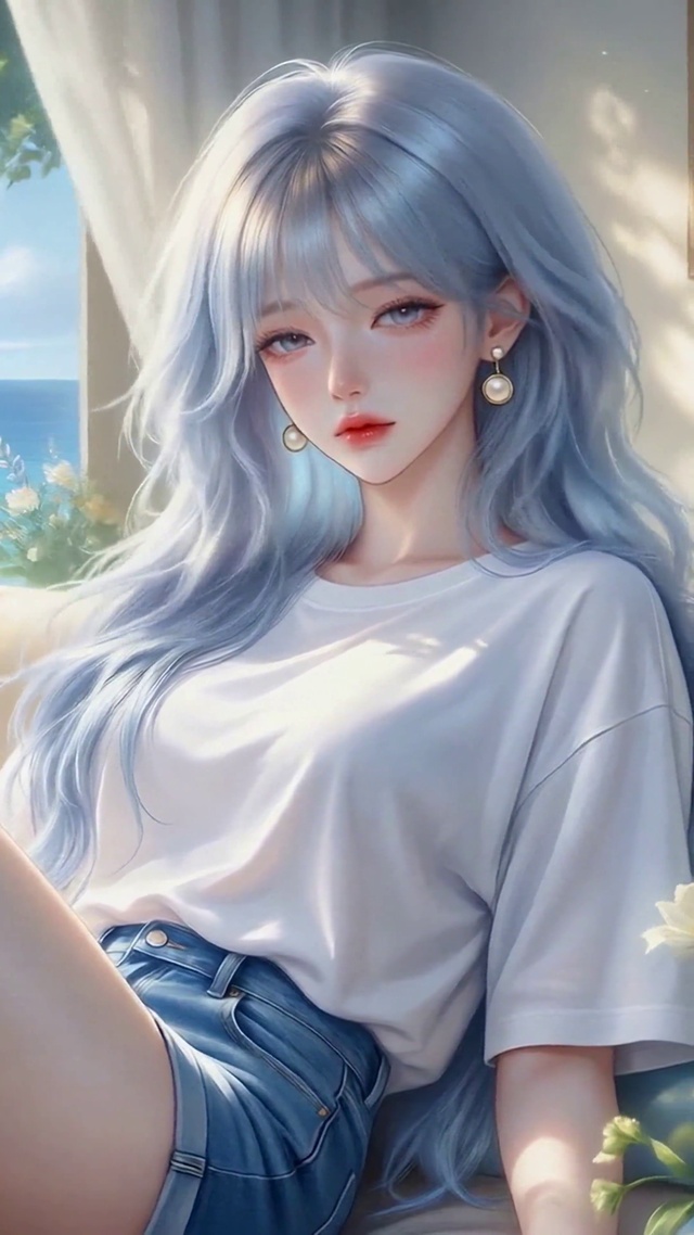 蓝发少女窗边海景
