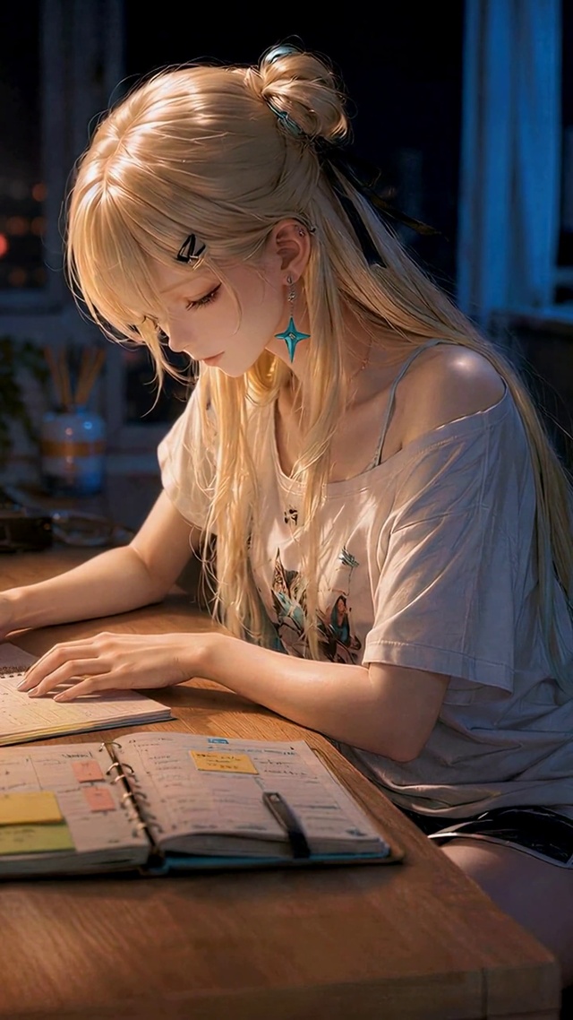 夜灯下学习的二次元美少女