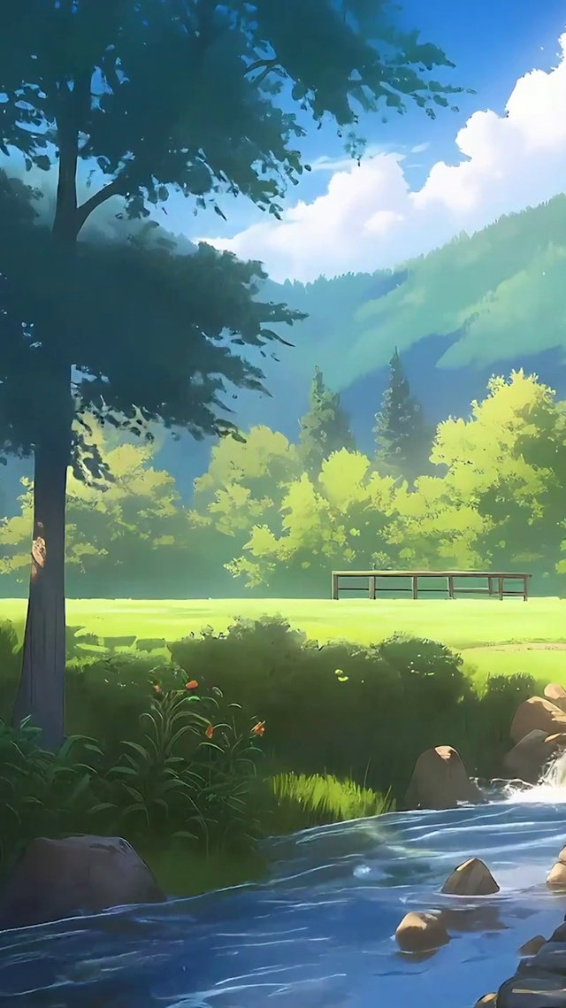 护眼蓝天白云树木河流