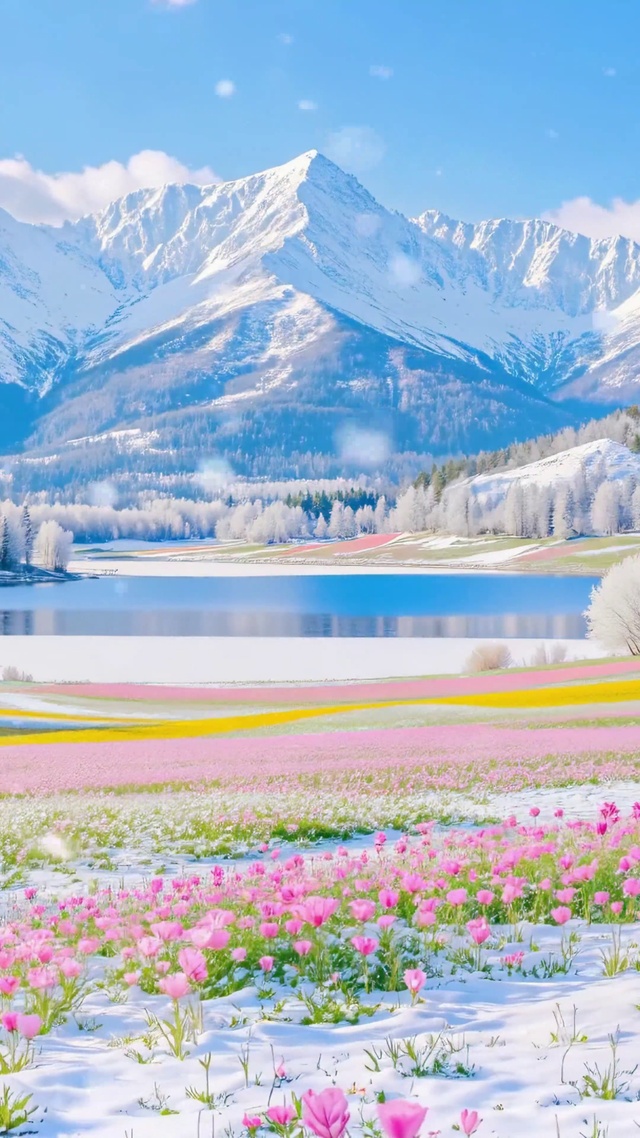 雪山雾凇花田