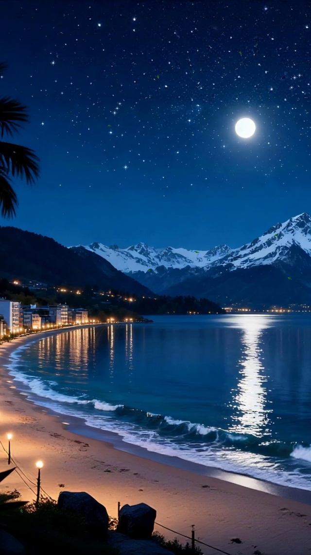 夜景海景树木房屋