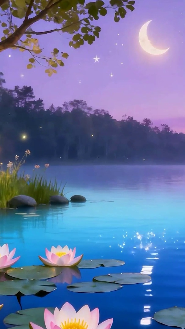 夜景树木河流