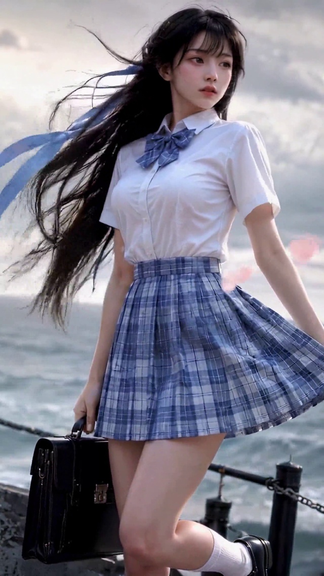 海风中的制服少女