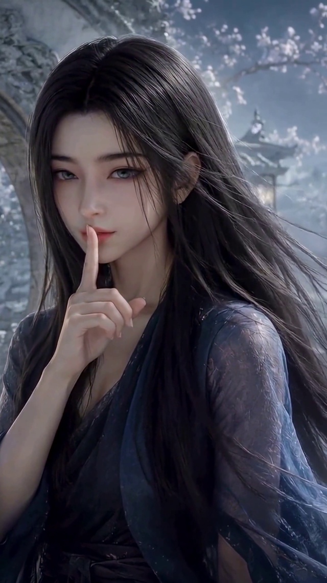 月夜古风园林清冷美女