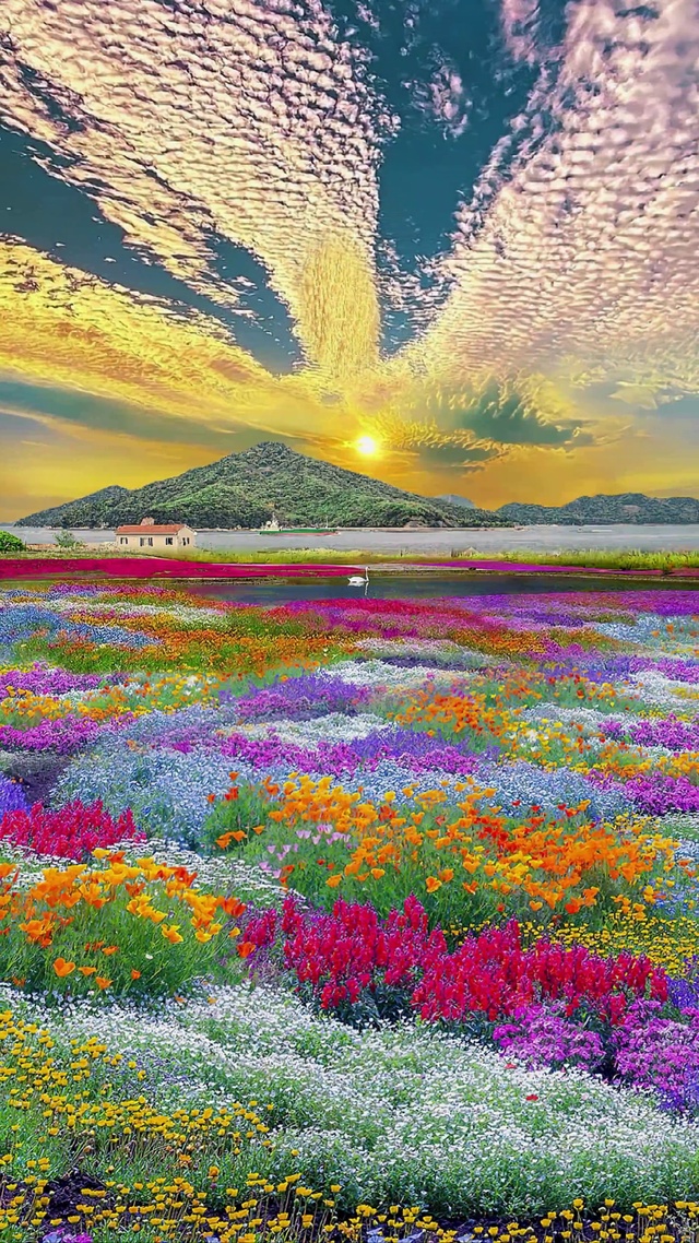 晚霞五彩花海