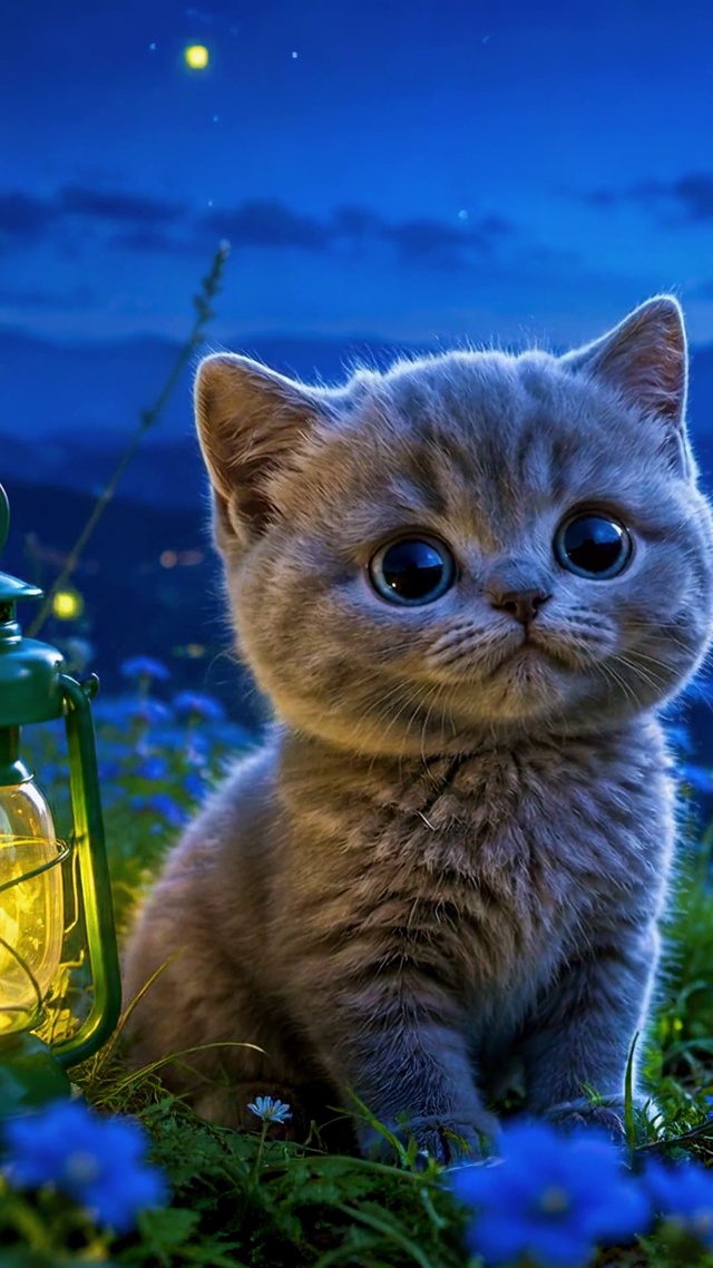 夜空山间蓝花可爱小猫